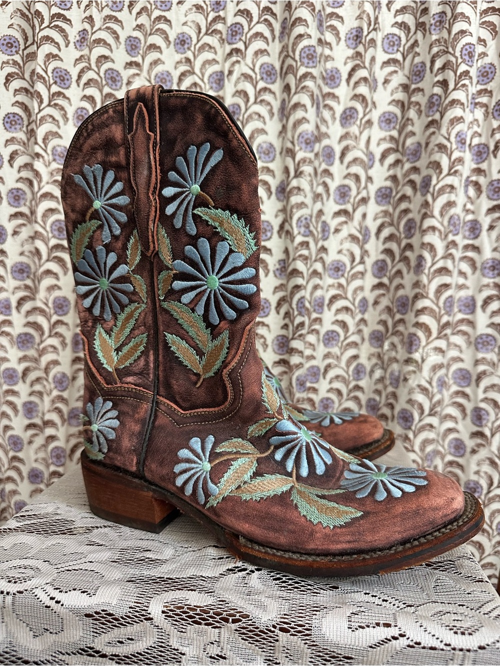 Floral Embroidered Leather Cowboy Boots - Worn Once
